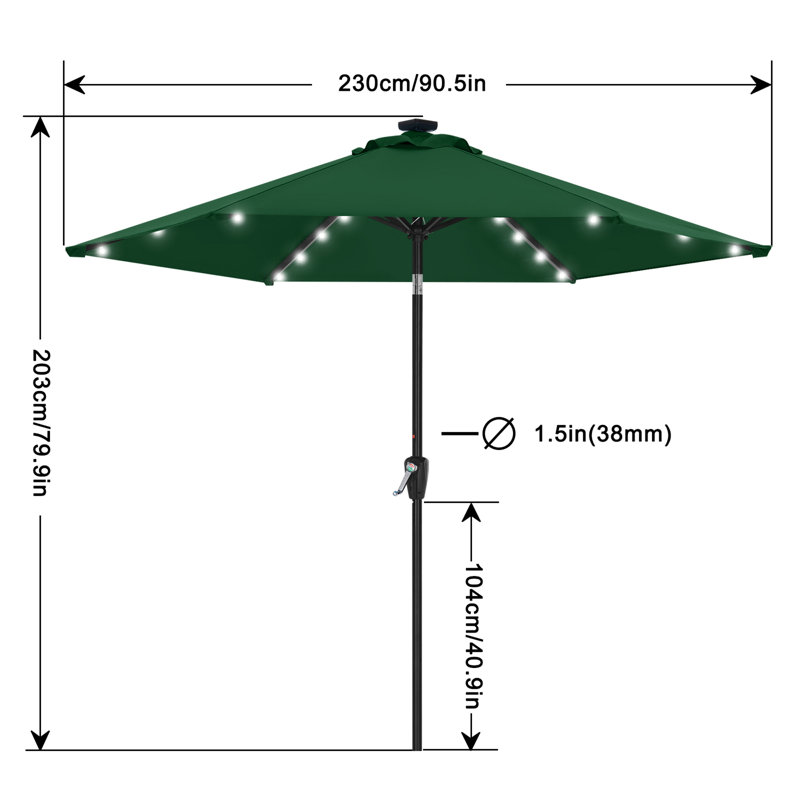 Parasol de marché solaire à DEL Cutshall avec inclinaison et relevage à manivelle, Vert forêt, 7.5'