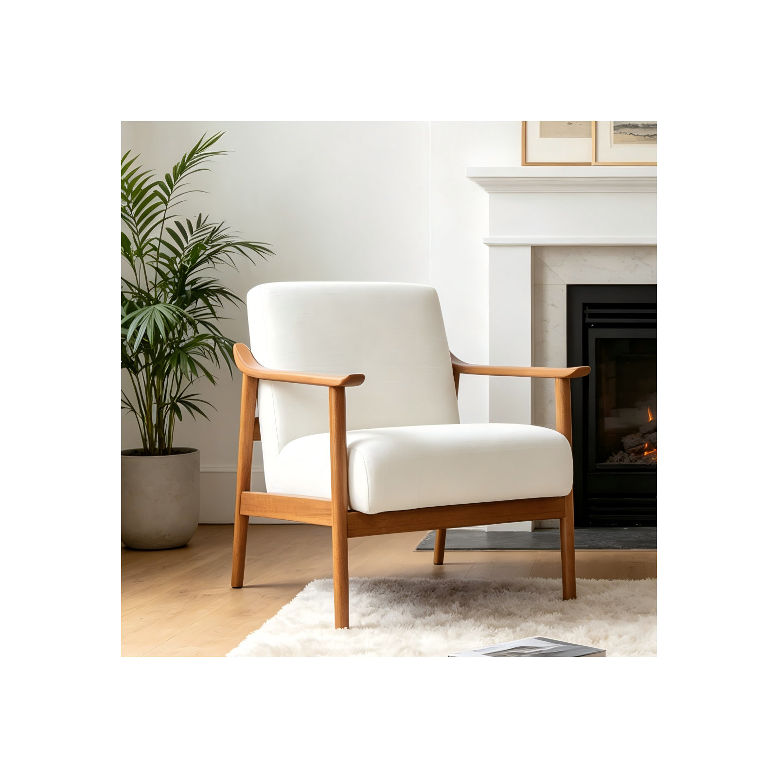 Mid Century Modern Solid Wood Armchair, White
