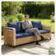 Canapé d'extérieur robuste avec osier en polyéthylène résistant aux intempéries et structure en métal, capacité de 792 lb, canapé en rotin brun avec coussins en mélange de coton bleu foncé pour terrasse de jardin (3 places, 76,4 pouces)