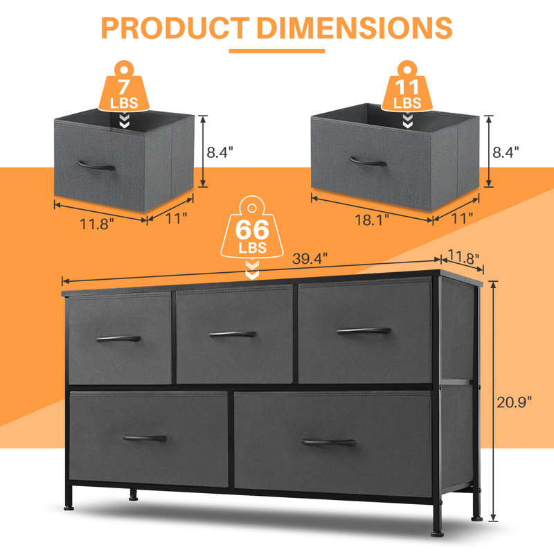 Atre Dresser For Bedroom With 5 Drawers, 39.4"W 5 Drawer Small Dresser Fabric Storage Drawer Unit, Gray