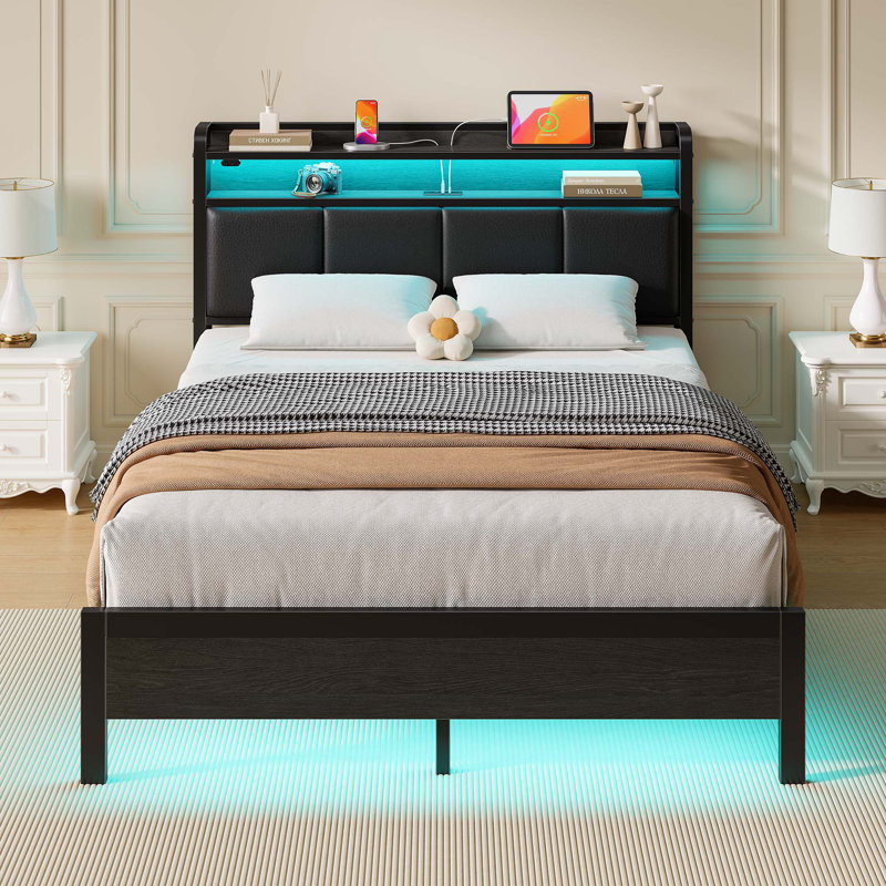 Modern Upholstered Platform Bed with Headboard, USB Charging Station & LED Lights, Black, No Drawer, Full