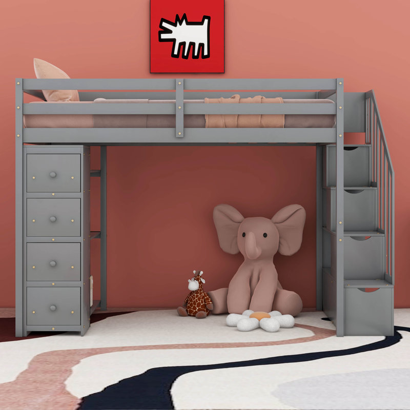 Hazeghi Twin Size Loft Bed with Storage Drawers and Stairs, Gray