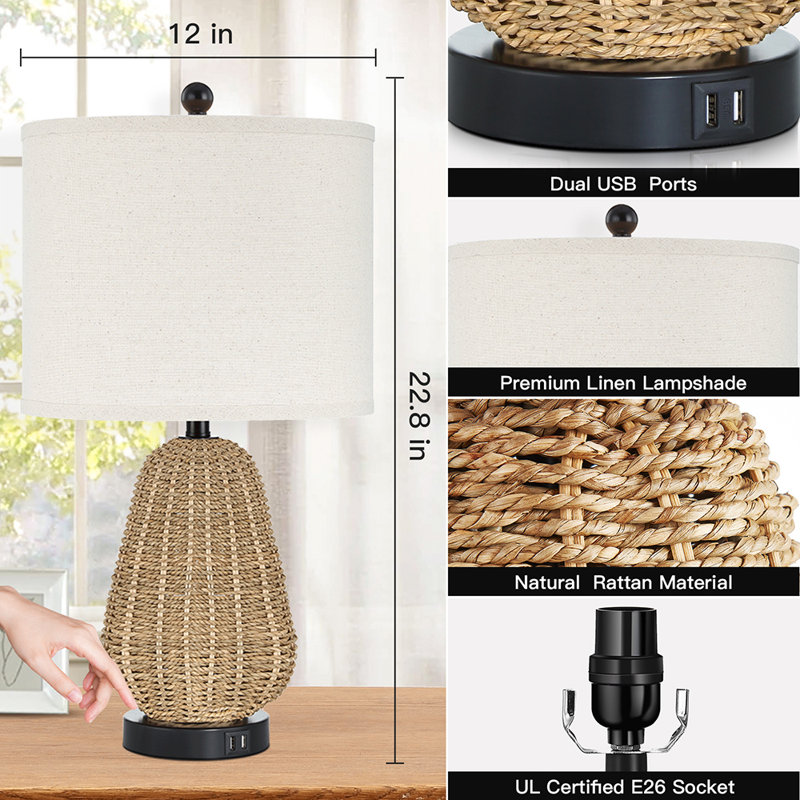 Inaya 22.8 in. Rattan Table Lamp with Dual USB Ports