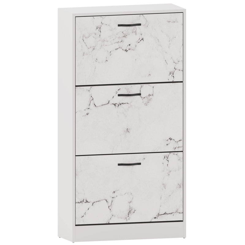 Vida 3 Drawer Flip Down Shoe Storage Free Standing Cabinet For Hallway, 118" H x 60" W x 24" D, White Marble