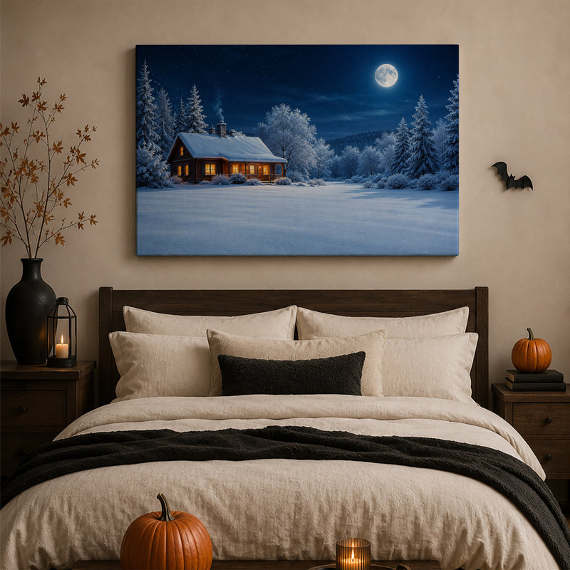 Cabane en bois enneigée avec des lumières chaudes aux fenêtres sous une toile murale d'Halloween, H 36 po x l 48 po