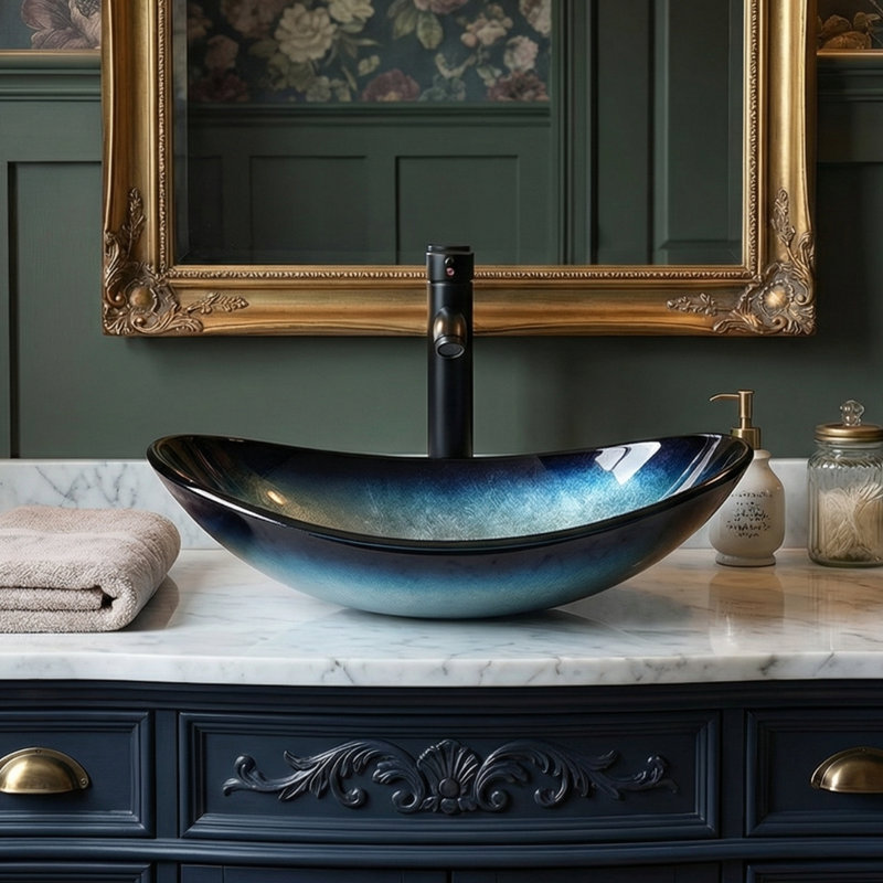 Elecwish 13.8'' Glass Bathroom Sink, Bleu, Noir