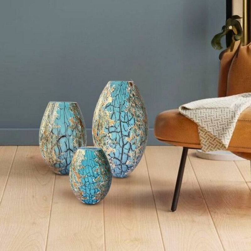 Edinburgh Handblown Glass Table Vase Set of 3 with Teal, Gold & Black Veining, Decorative Oval Vases