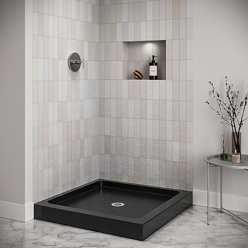 Base de douche 36 po x 36 po en acrylique noir brillant avec bonde centrale, bonde incluse, Noir lustré