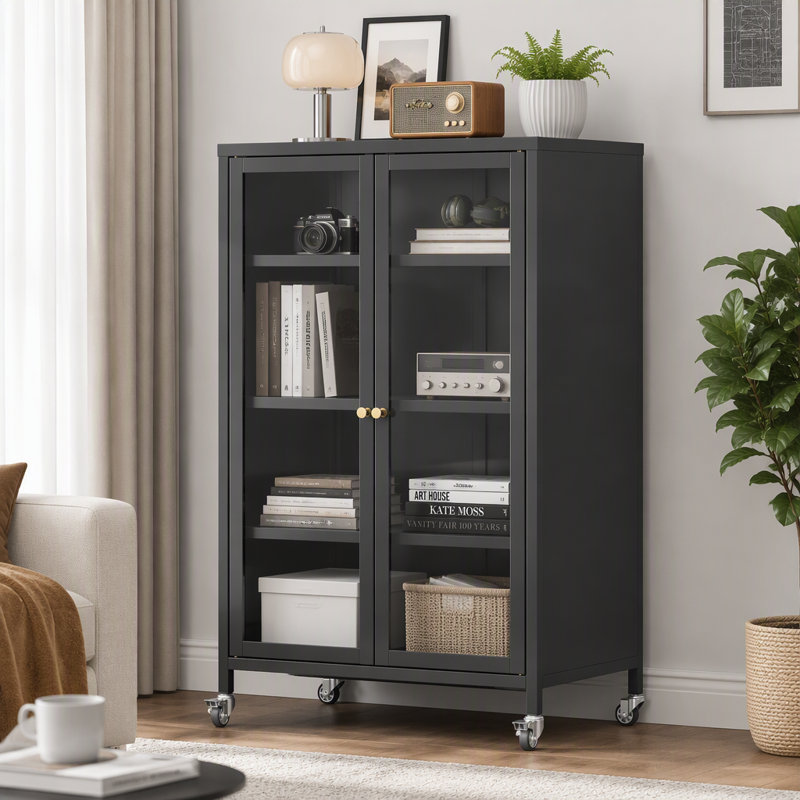 Rolling Media Cabinet on Wheels, 35.8" High AV Stereo TV Stand with 4 Adjustable Glass Shelves & Door, Heavy‑Duty Steel Frame Media Console for Living Room