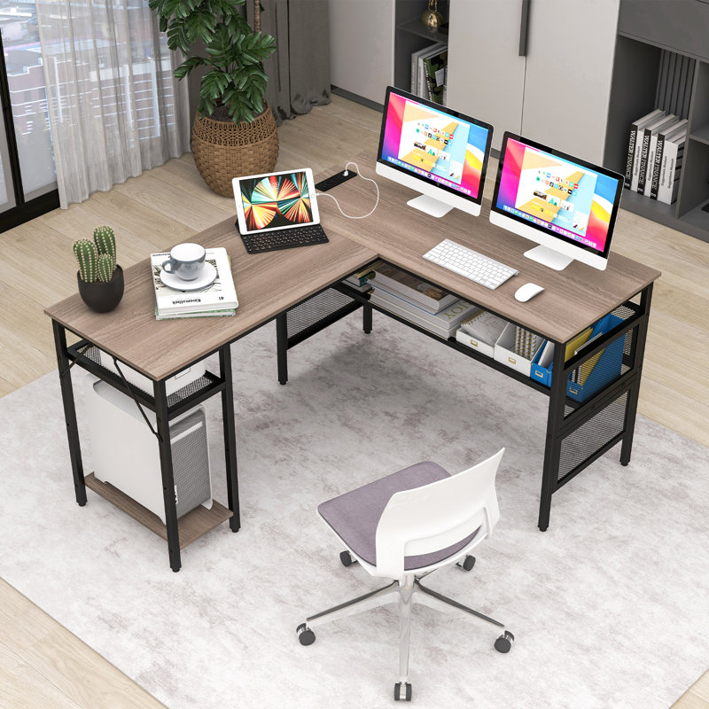 Ardeley L-Shaped Steel Computer Desk with Built-In Electrical Outlet