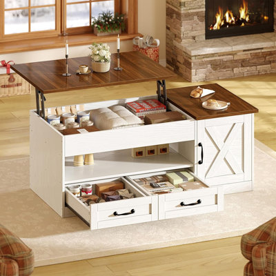 39.4" Lift Top Coffee Table with 2 Drawers and Storage Cabinet, Farmhouse Style for Living Room, White Brown