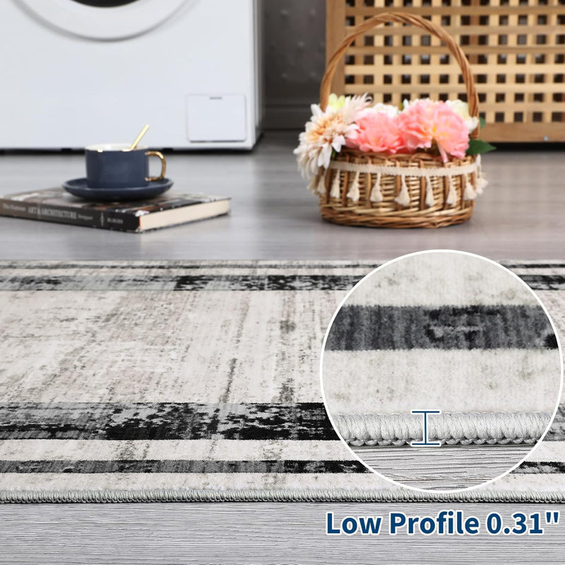 Washable Low-Pile Area Rug with Non-Slip Backing, Distressed Edge Modern Design for Living Room, Bedroom, Office