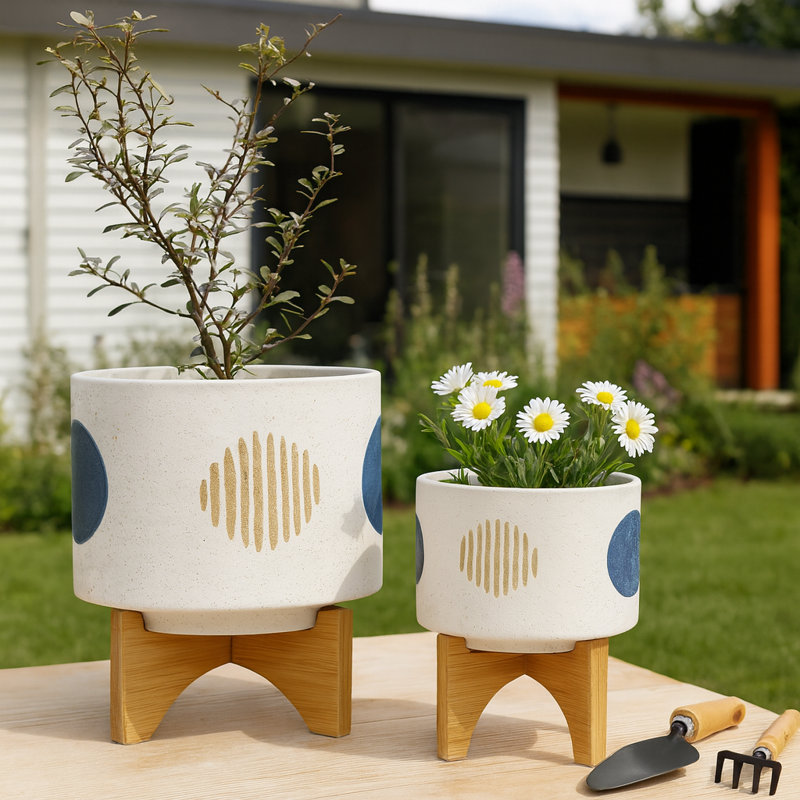 Ensemble de pots à fleurs en grès et en céramique avec supports en bambou - Jardinières décoratives modernes - Conception géométrique contemporaine - Ensemble de 2