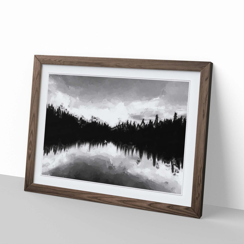 Forest Reflecting on a Lake in Abstract - Picture Frame Painting Print, 62cm H x 87cm W x 2cm D, Walnut Framed