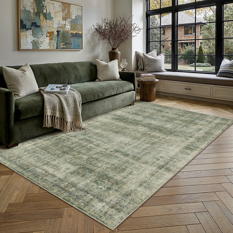 Tapis vert délavé lavable rétro Luis, Vert, Rectangle 6 pi x 9 pi
