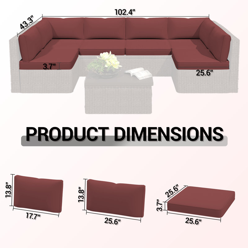 Outdoor Replacement Cushions 14-Piece Deep Seat Water-Resistant Patio Furniture Cushions for 6-Seat Sectional Rattan Sets, Red