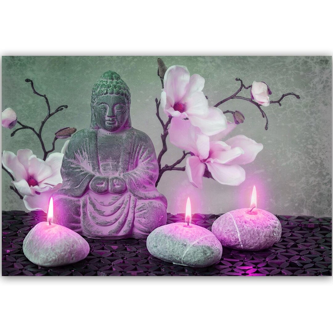 Leinwandbild Buddha mit Orchideen und Kerzen 2