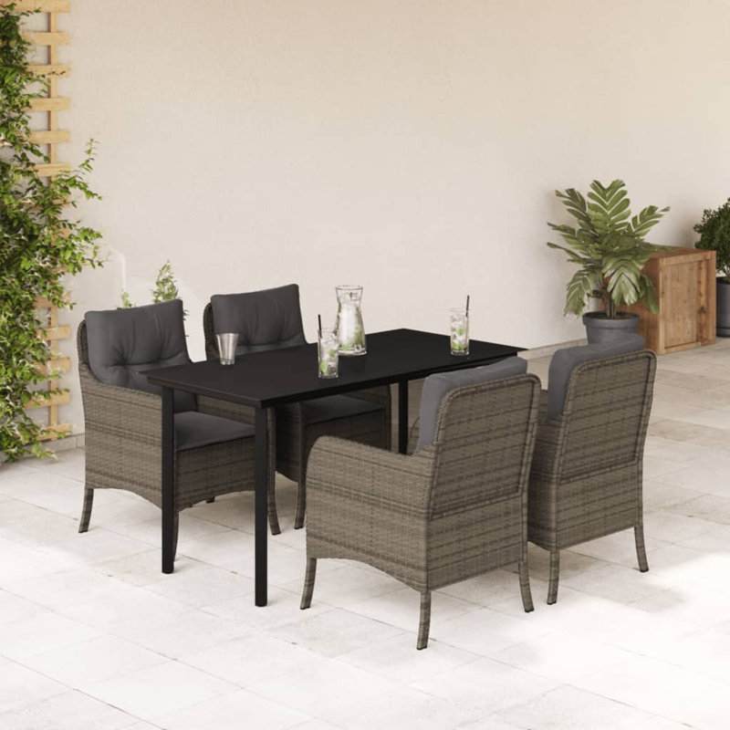 Vidaxl Patio Dining Set With Cushions Poly Rattan, Dark Gray/Gray, 29.1" H x 63" W x 31.5" D, 6