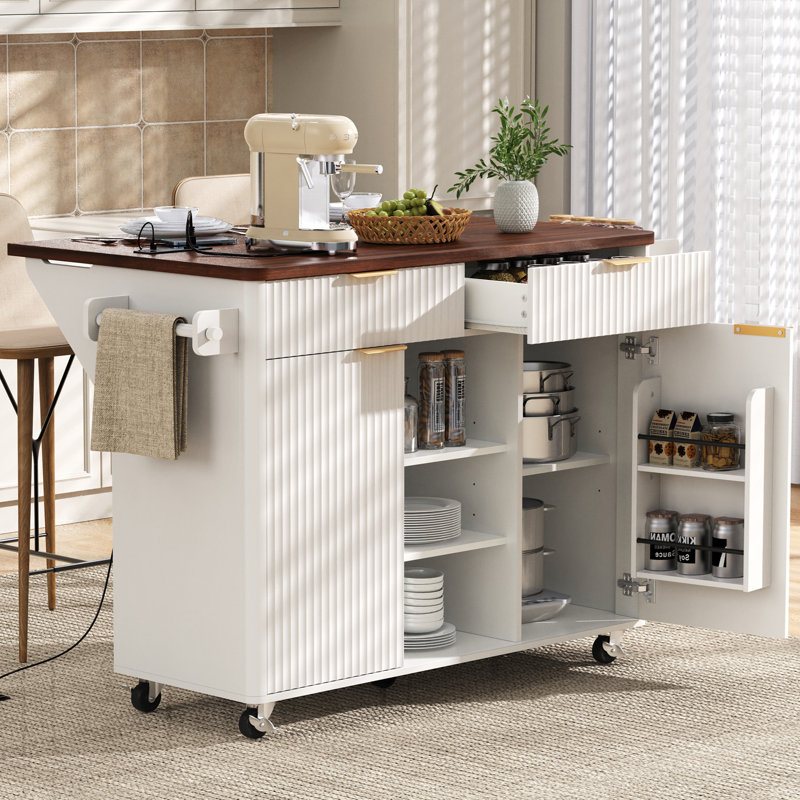 Kitchen Island with Drop Leaf, Power Outlet, White