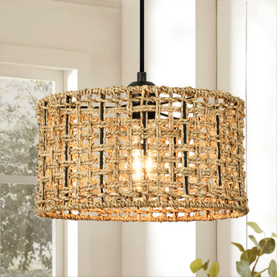 Luminaire suspendu tambour moderne avec abat-jour en rotin tissé à la main pour salle à manger, salon, îlot de cuisine, chambre à coucher