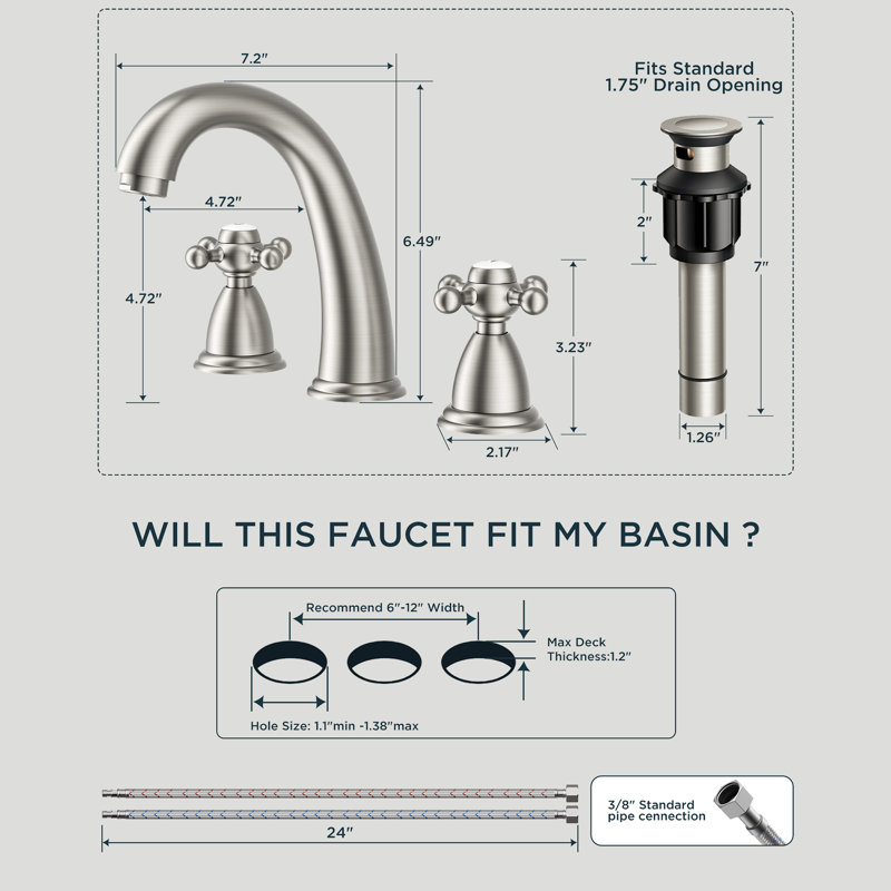 Bathroom Sink Faucet 8 Inch, Matte Black Bathroom Faucet 3 Hole With Pop Up Drain And Water Hose Supply, Stainless Steel