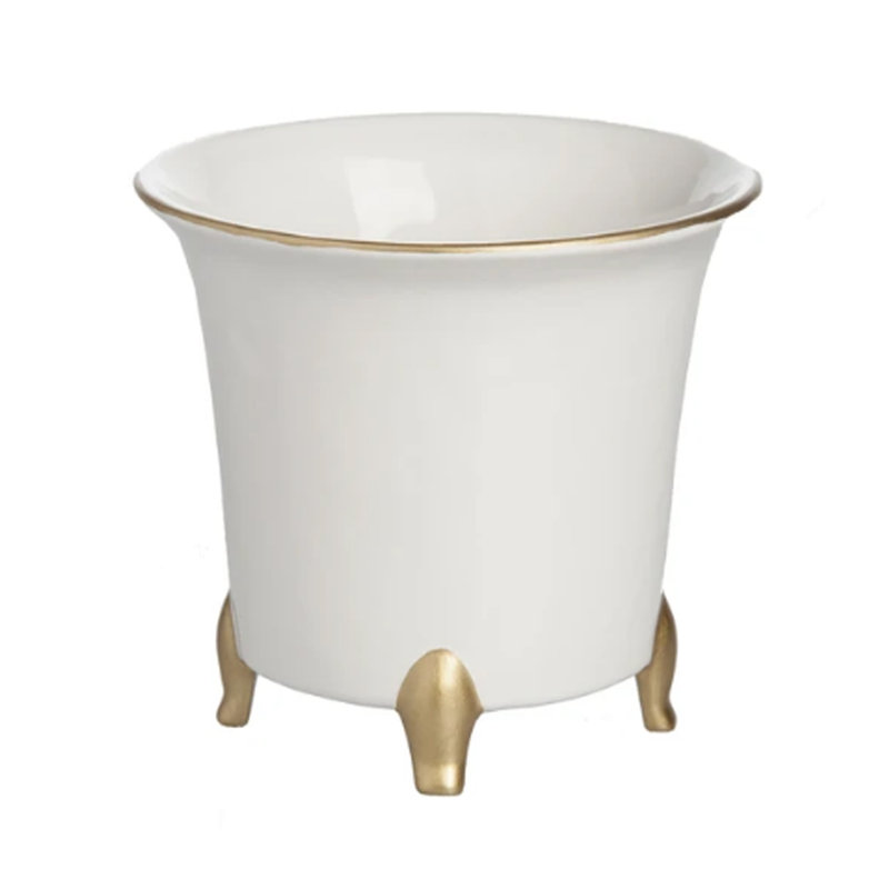 Large White and Gold Ceramic Cachepot with Tapered Feet