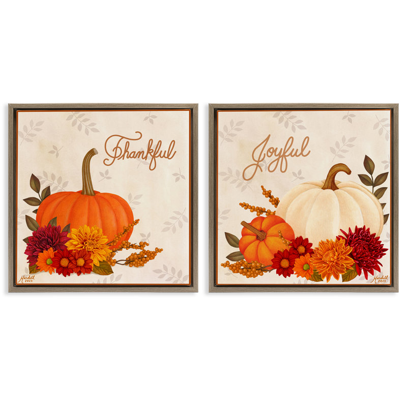 «Joyful Thankful Sentiment Pumpkin», ensemble de 2 toiles par Mardell Schuster, H 18 po x l 18 po