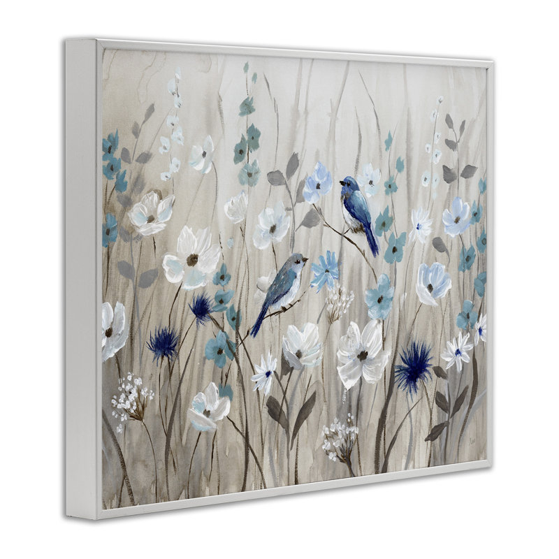 «Birds Floral Meadow Blossoms», art de la giclée blanche encadrée par Nan, H 20 po x l 16 po