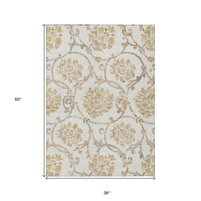 3' X 5' Ivory Beige And Gold Floral Washable Indoor Outdoor Area Rug