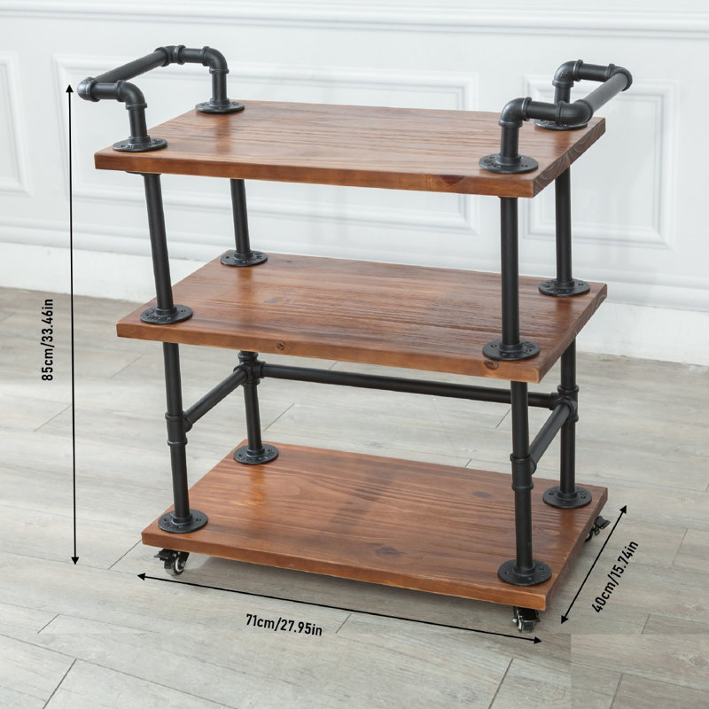 Rolling Bar Cart With Wheels, 3 Tier Home Bar Serving Cart, Drink Tea Coffee Cart For Kitchen Pantry Restaurant, Vintage Rustic  Solid Wood And Industrial Matte Black Metal