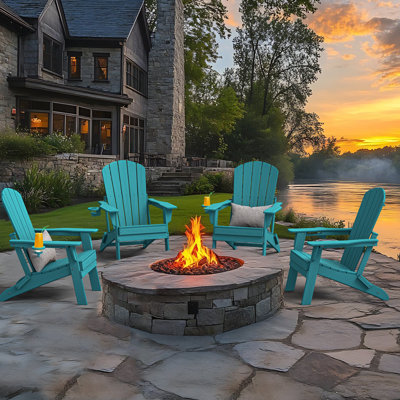 Set of 4 Folding Adirondack Chairs, Wood Texture, Cup Holder, All-Weather HDPE