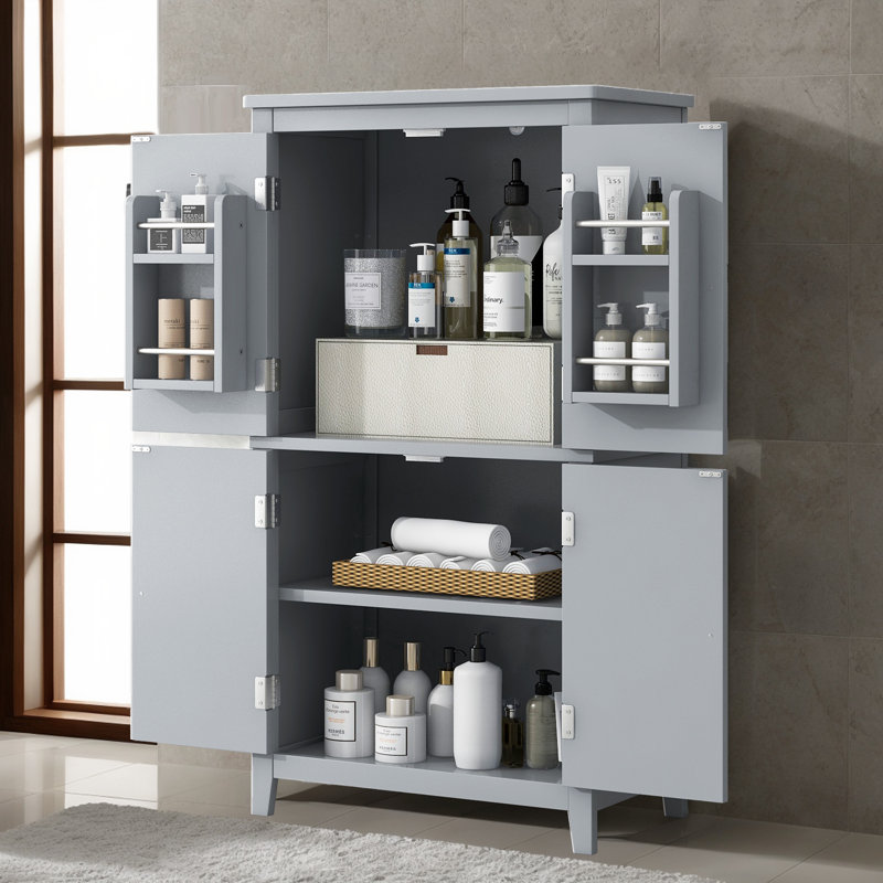 Armoire de rangement autoportante pour salle de bain avec tablettes réglables et 4 portes, Bleu