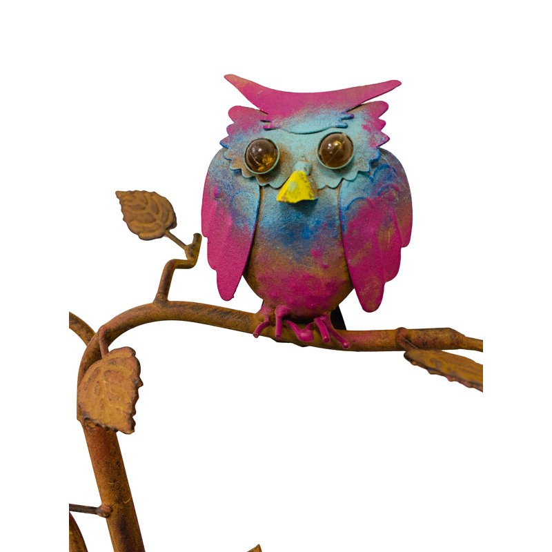 Rustic Multicolor Metal Owl Bird Feeder Garden Stake