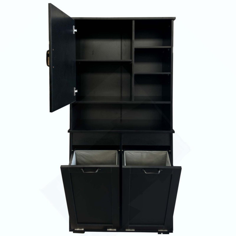 Armoire à linge autoportante avec panier à linge inclinable, tablettes réglables, tablettes ouvertes et portes fermées, rangement polyvalent
