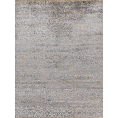 Tapis bleu clair et gris noué à la main de haute qualité