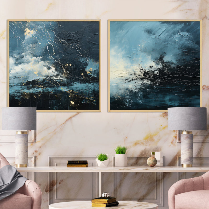 "Minimalisme noir et bleu ouragan" 2 pièces, Cadre flottant brun, H 30 po x l 61 po