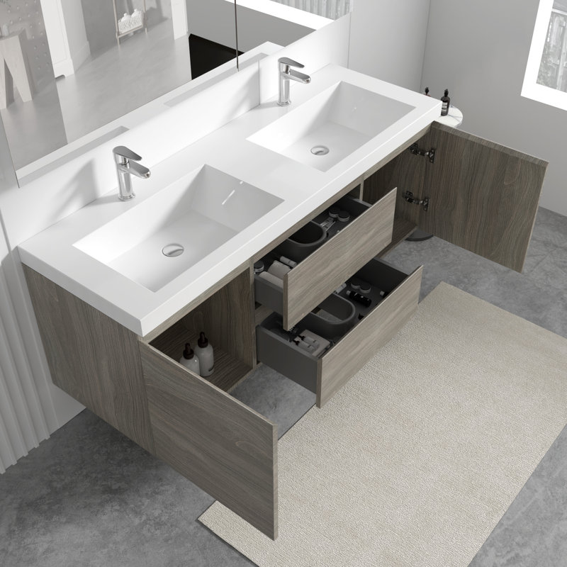  Angela 60 inch Fully Assembled Double Floating Bathroom Vanity with Solid Surface Sink, Natural