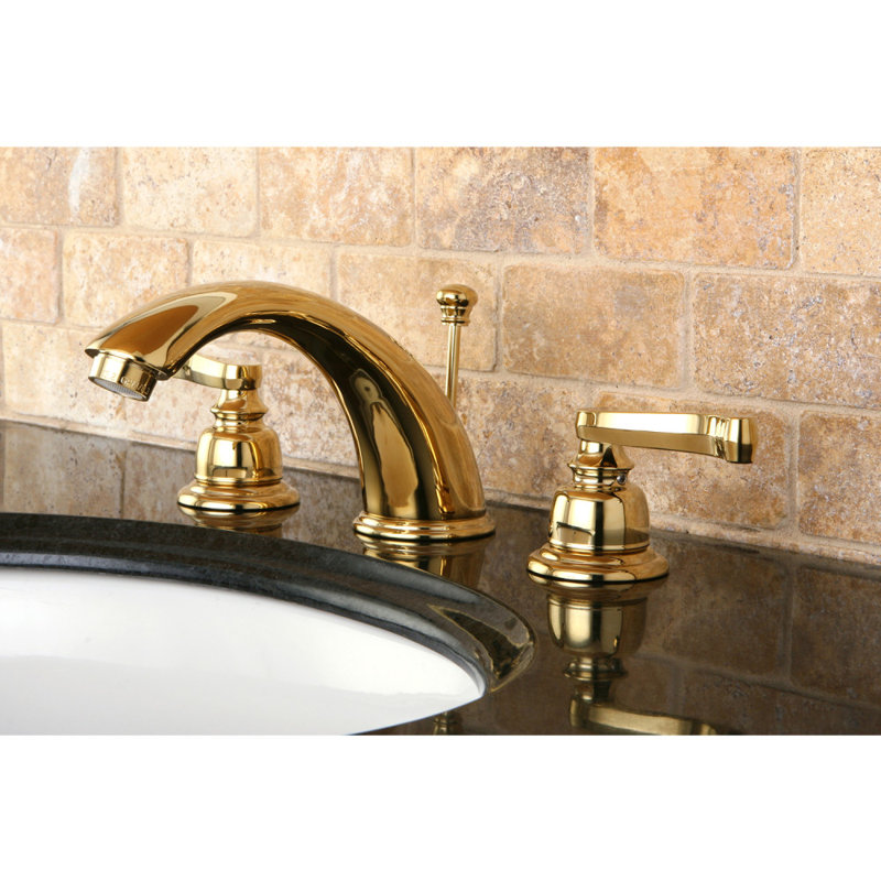Kingston Brass Royale Two-Handle 3-Hole Deck Mount Widespread Bathroom Faucet with Retail Pop-Up Drain, Polished Brass/Pvd