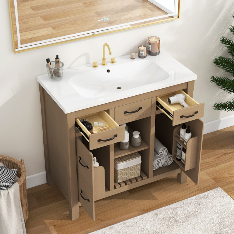 Meuble-lavabo 36 po avec lavabo sous-comptoir, Brun