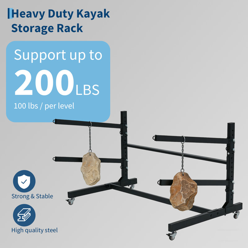 Support de rangement pour kayak autoportant à 2 niveaux avec roues, support robuste et réglable pour canots, kayaks, SUP et planches de surf