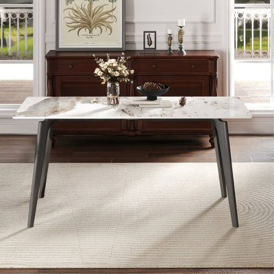 Table de salle à manger moderne 63,56 po, forme rectangulaire, matériau en pierre frittée, pieds en métal gris foncé