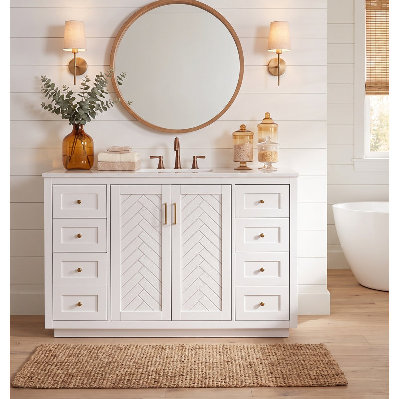 Ensemble meuble-lavabo moderne autoportant de 122 cm (48 po), armoire de rangement pour salle de bain à 6 tiroirs, Blanc
