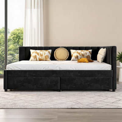 L-Shaped Upholstered Platform Bed, Multi-Use for Living Room and Guest Room, Matte Black Velvet Full Size Daybed with Storage Drawers