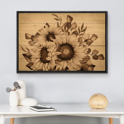 Sunflower " Wood Effect Panel Retro Vintage Classic Sepia Sunflowers Floral Botanical Farmhouse Country "