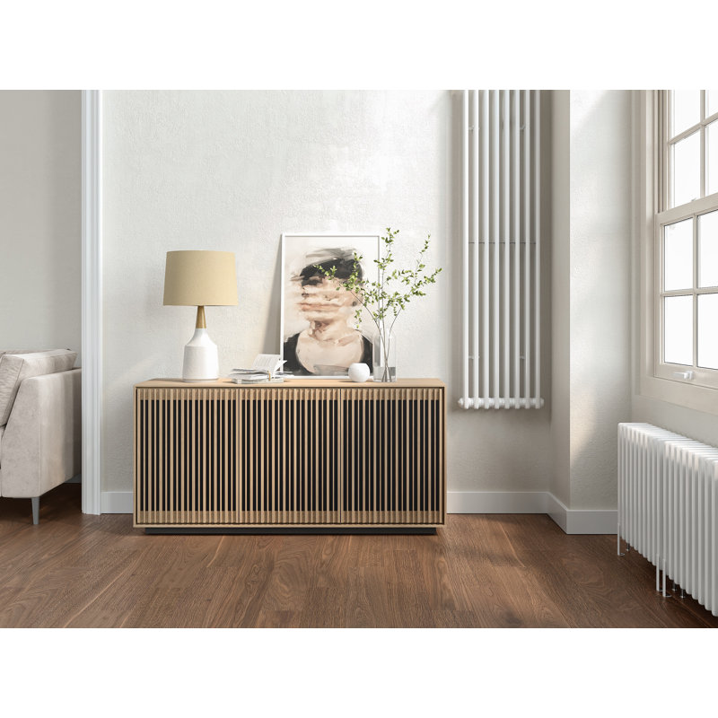 Toasted Oak and Black 3-Door Media Storage Console with Glass Shelves