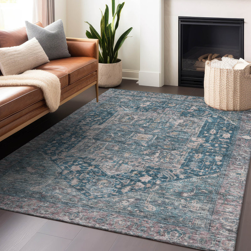 Machine Washable Indoor/Outdoor Claudian ACN1240 Blue 9' x 12' Rug, Rectangulaire 8 pi x 10 pi