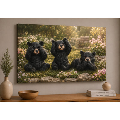 Large Black Bear See No Evil Speak No Evil Hear No Evil  Wall Art Canvas Print 24x36 Inch  Fantasy Wildlife Art for Cabin Living Room Bedroom - Ready to hang