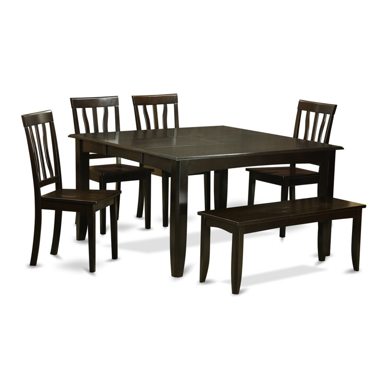 L'ensemble de salle à manger 6 pièces contient une table de salle à manger carrée avec rallonge papillon et 4 chaises de cuisine avec banc, cappuccino
