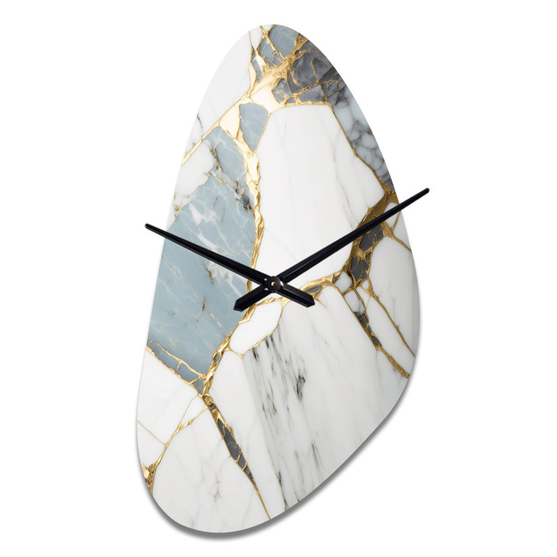 Abstract Geode Gold And White Marble I - Marble Unique Shape Metal Wall Clock, Modern Asymmetrical Wall Clock Print, Large