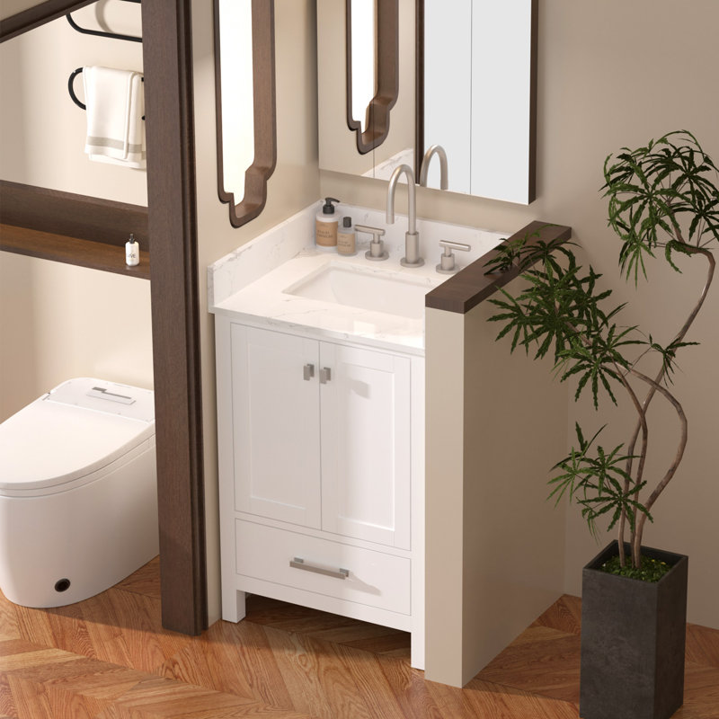 Ensemble de meuble-lavabo en bois massif 24 po avec comptoir en pierre de quartz et dosseret, White, Brushed Nickel